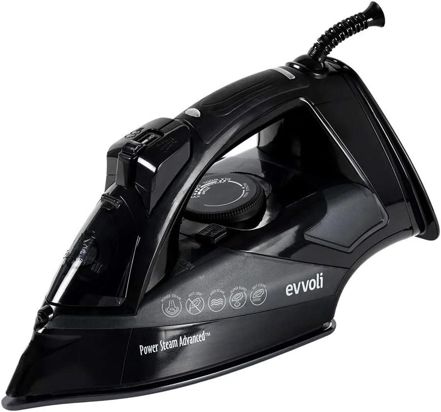 اتو بخار 2800 وات evvoli با کفی سرامیکی و خاموش شدن خودکار و ضد چکه، مشکی مدل EVIR-5MB