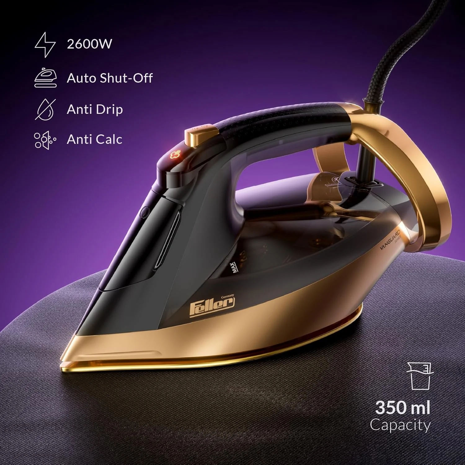 اتو بخار سری Vanguard Feller Germany، 2600 وات، صفحه سرامیکی دوبل Prime Gold با سیستم ضد رسوب، خاموش شدن خودکار، TrueTemp، بخار آسان با یک دکمه، مدل SI260 - نسخه امارات (طلایی)