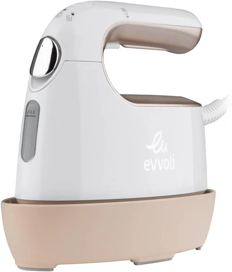 اتو بخار مسافرتی اِوولی با 8 سوراخ خروجی بخار، پایه، صفحه سرامیکی نچسب ضخیم 2 میلی متری، 1000 وات - EVIR-PGS1000G، سفید