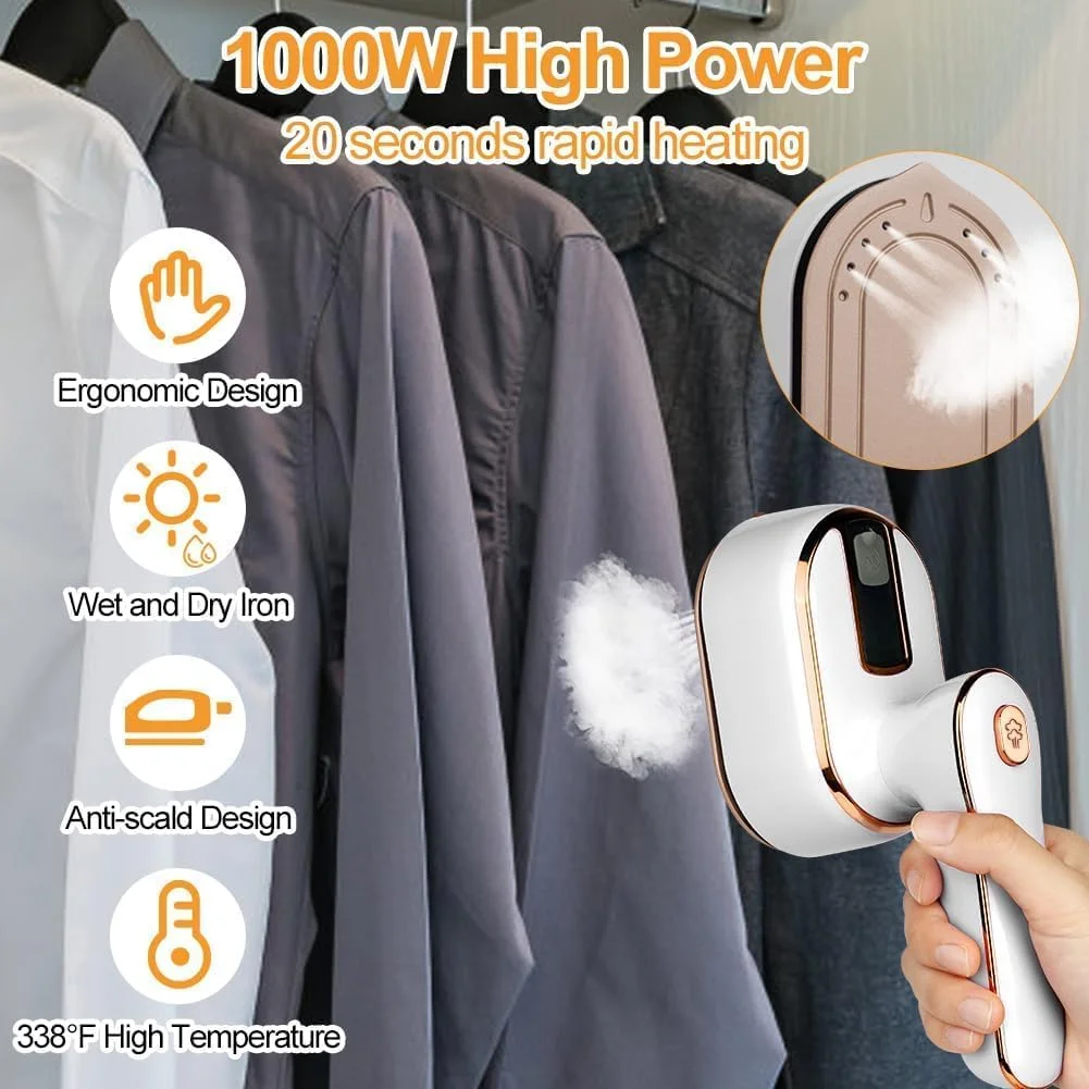 بخارگر مسافرتی لباس، اتو بخار دستی قابل حمل 1000 وات، پشتیبانی از اتو خشک و مرطوب، گرم شدن سریع 15 ثانیه ای، اتو بخار کوچک مینی چرخشی 180 درجه برای خانه و مسافرت (سفید)