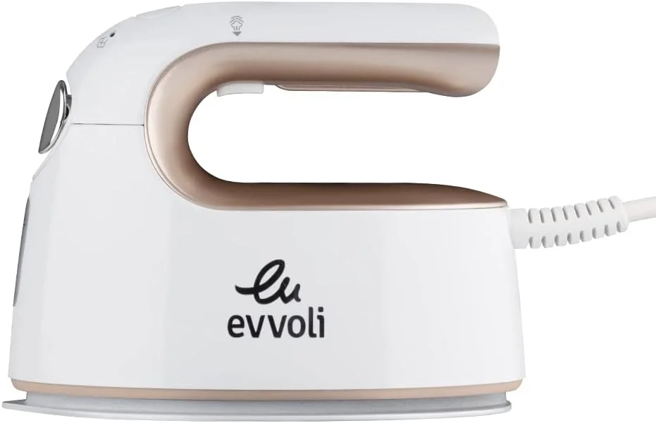 اتو بخار مسافرتی اِوولی با 8 سوراخ خروجی بخار، پایه، صفحه سرامیکی نچسب ضخیم 2 میلی متری، 1000 وات - EVIR-PGS1000G، سفید