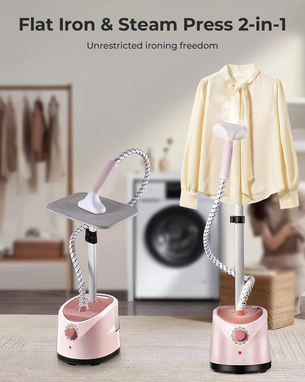 بخارگر لباس 2000 وات با میز اتو با قابلیت تنظیم ارتفاع، حرفه ای برای مصارف خانگی و تجاری، زمان گرم شدن 30 ثانیه، شلنگ بخار عایق حرارت، دارای میز اتو داخلی