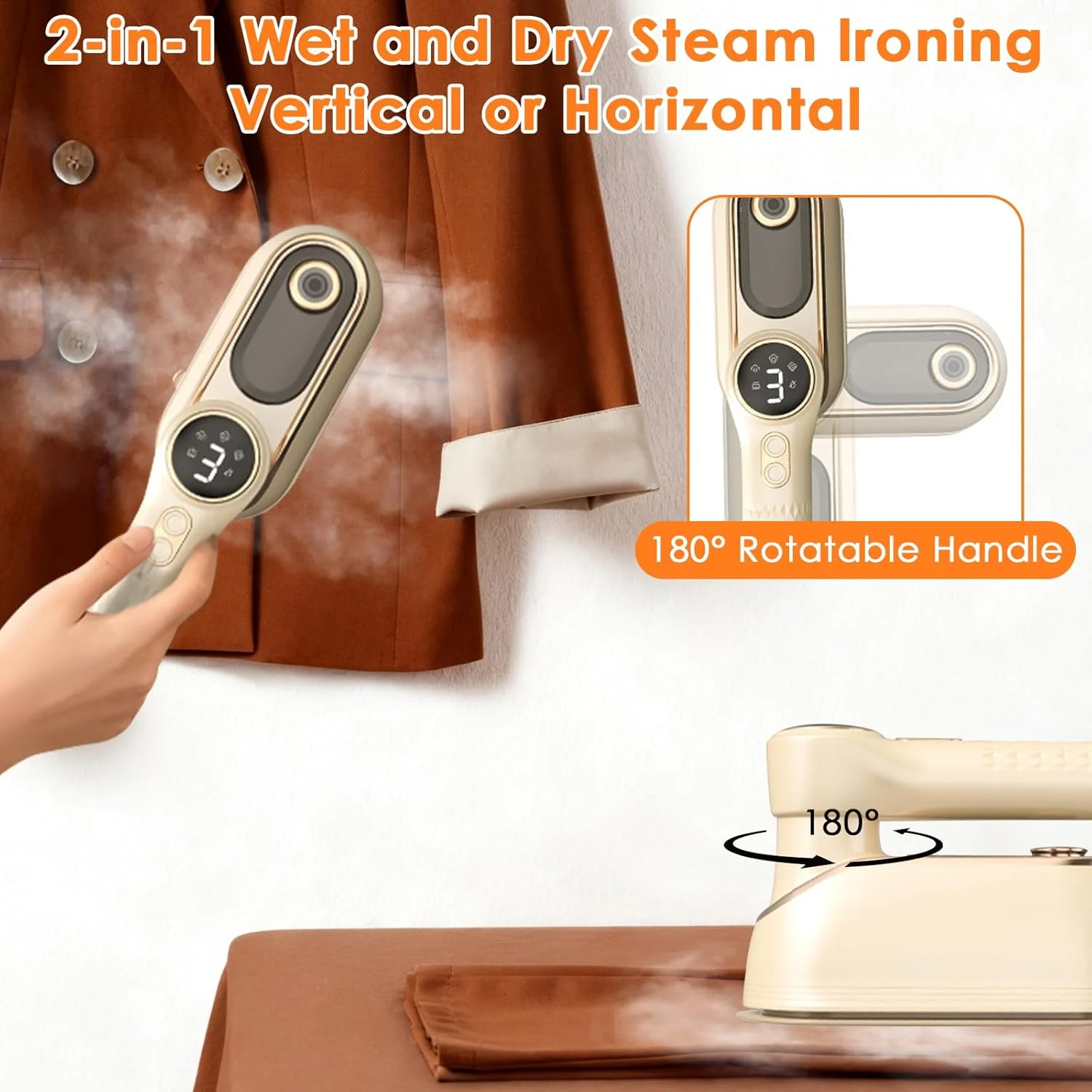 اتو بخار مسافرتی لباس، اتو بخار دستی 1200 وات، 4 حالت با نمایشگر LCD، از بین برنده قوی چروک برای خانه و مسافرت، مخزن آب 130 میلی لیتری، گرم شدن سریع 10 ثانیه ای، دسته چرخان 180 درجه