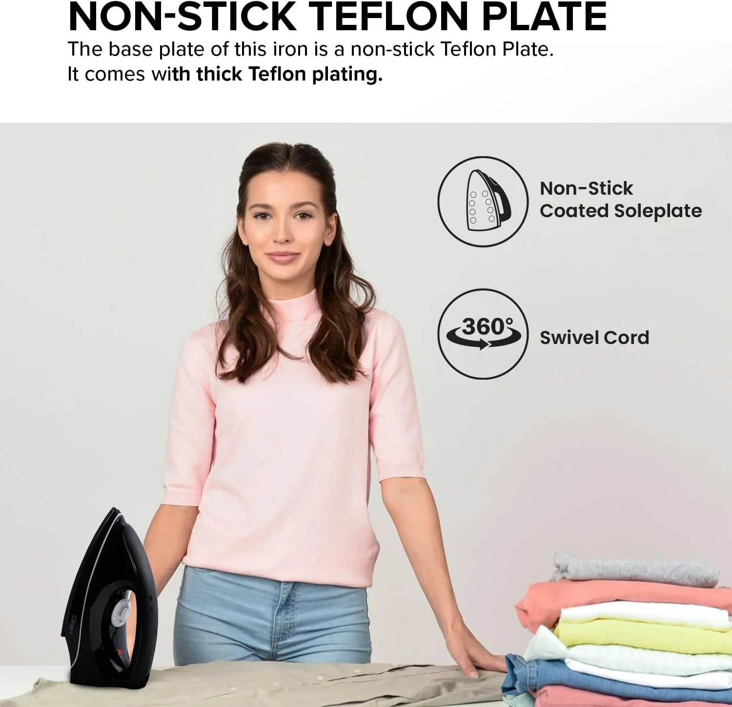 اتو خشک سبک و جمع و جور Clikon با صفحه زیرین نچسب، تنظیمات دمای قابل تنظیم، سیم چرخان 360 درجه، قطع خودکار، نشانگر چراغ روشن - CK2133 (مشکی)