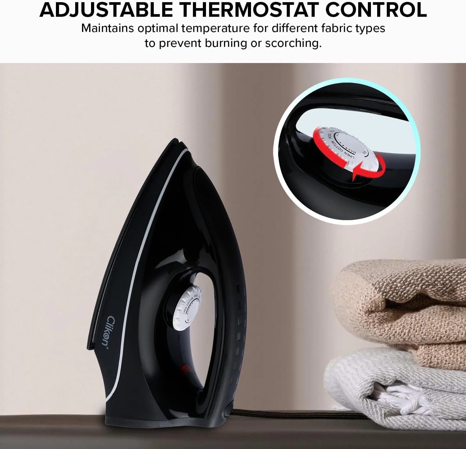 اتو خشک سبک و جمع و جور Clikon با صفحه زیرین نچسب، تنظیمات دمای قابل تنظیم، سیم چرخان 360 درجه، قطع خودکار، نشانگر چراغ روشن - CK2133 (مشکی)