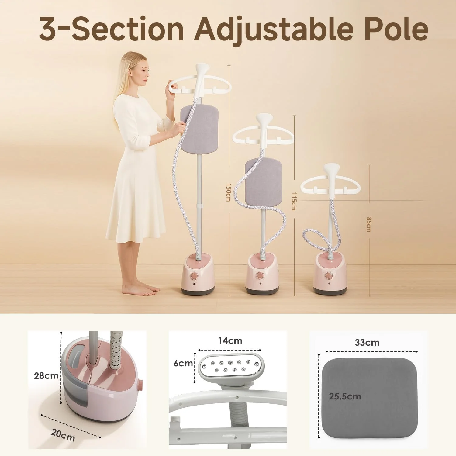 بخارگر لباس، اتو بخار ایستاده 1800 واتی با پایه قابل تنظیم ارتفاع و صفحه اتو داخلی، میله پهن ضخیم، مخزن آب جداشدنی 1.8 لیتری، کنترل بخار 11 مرحله ای، صورتی