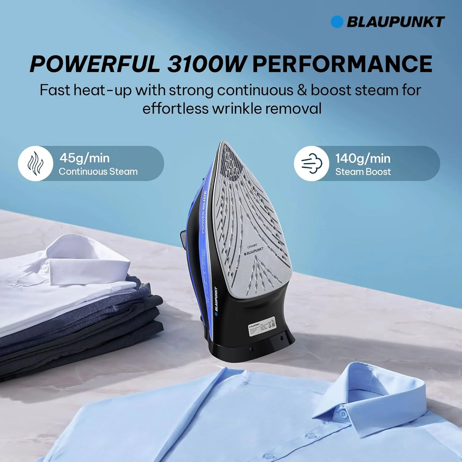 اتو بخار 3100 وات بلاوپنکت – کفی سرامیکی، خاموش شدن خودکار، ضد رسوب، ضد چکه، عملکرد خود تمیز شونده، مخزن 380 میلی لیتری، سیم 2.5 متری، بخار مداوم 45 گرم در دقیقه برای چروک های سخت – GIS430