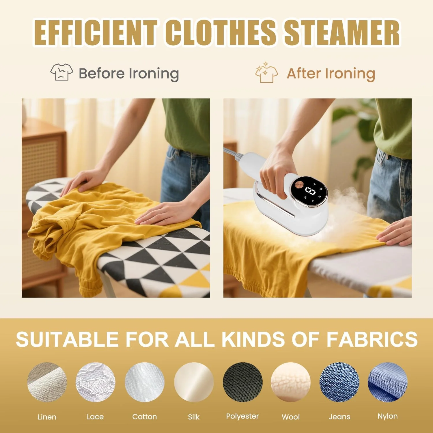 اتو بخار 2 در 1 Necomi، اتو بخار مسافرتی قابل حمل برای لباس با صفحه نمایش LCD، اتو بخار خشک و مرطوب، 3 سطح بخار، 1300 وات، مینی تاشو 180 درجه، بخارگر لباس با مخزن آب 130 میلی لیتری برای خانه، مسافرت