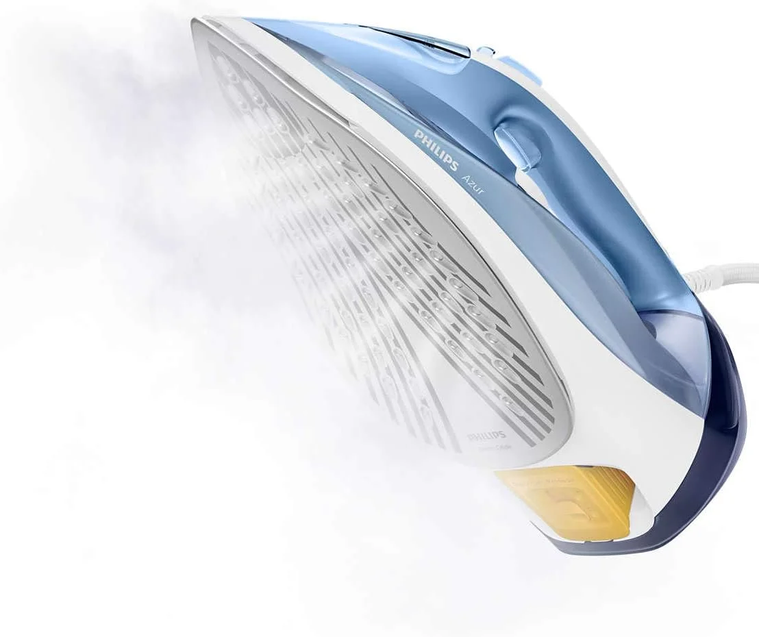 اتو بخار فیلیپس مدل Azur: ۲۴۰۰ وات - ۴۵ گرم در دقیقه - ۱۸۰ SOS - کفی SteamGlide - سیم ۲ متری، ۳۰۰ میلی لیتر - رسوب زدایی سریع - سفید/آبی GC4532/26