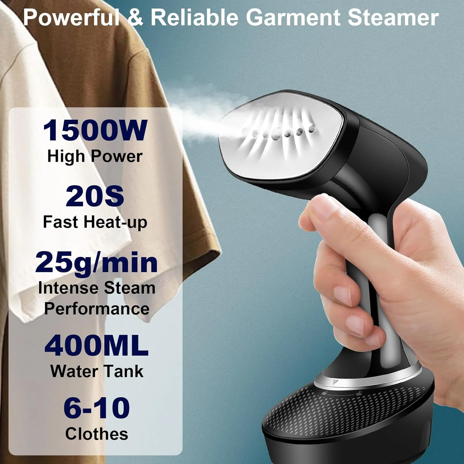 بخارگر لباس 1500 واتی Xoopla، اتو بخارگر مسافرتی قابل حمل با برس، مخزن آب جداشدنی بزرگ 400 میلی لیتری، گرم شدن فوق العاده سریع 20 ثانیه ای، ایده آل برای خانه و مسافرت