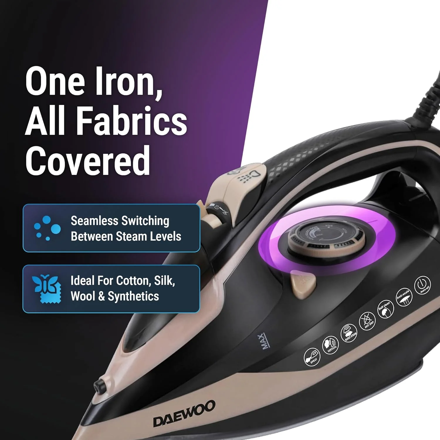 اتو بخار Daewoo - توان 2800 وات با قابلیت بخاردهی قوی، عملکرد اسپری، خود تمیز شونده، ضد چکه، ضد رسوب، کفی سرامیکی با خاموش شدن خودکار - DSI-6290