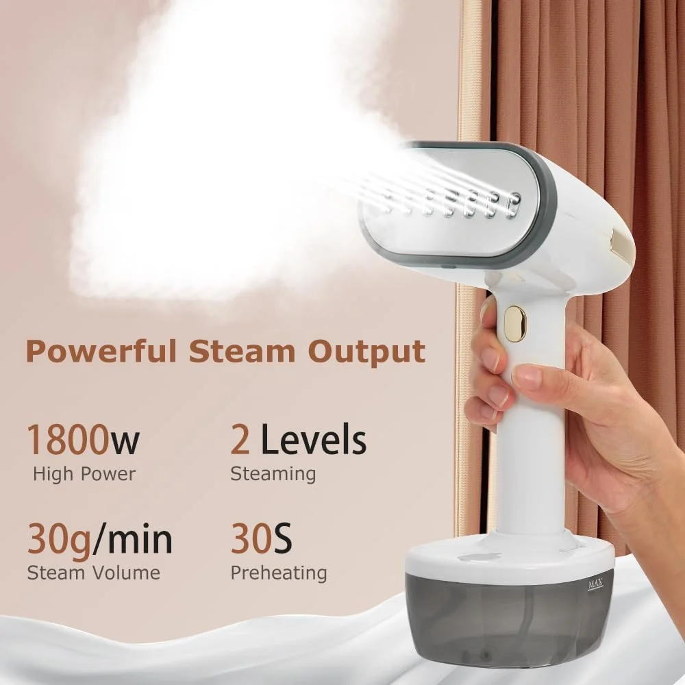 بخارگر لباس 1800 واتی، گرم شدن سریع در 30 ثانیه، مخزن آب جداشدنی 350 میلی لیتری، 2 حالت برای پارچه های ظریف و ضخیم، محافظت در برابر گرمای بیش از حد، از بین برنده چین و چروک مناسب منزل، محل کار و مسافرت