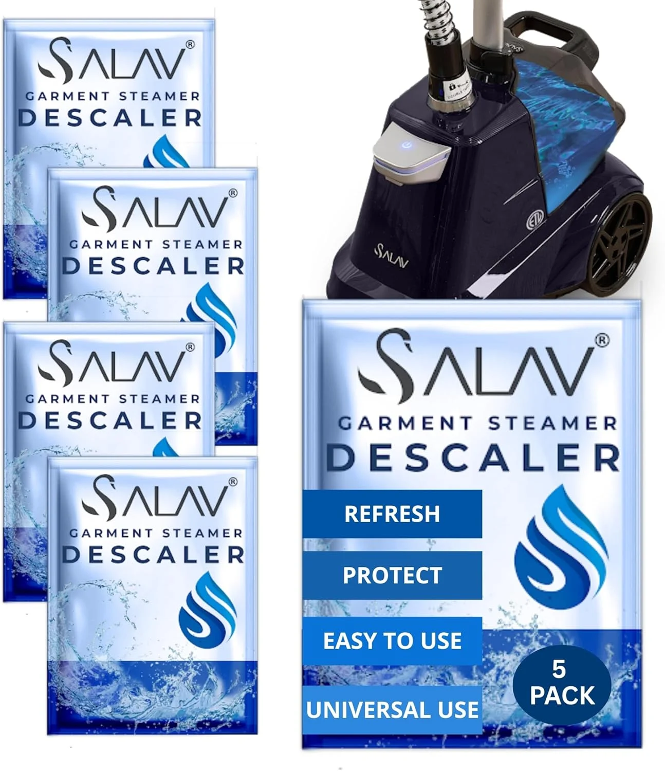 بسته های رسوب زدای بخارگر لباس برای از بین بردن رسوبات معدنی و تجمع، نگهداری بخارگر لباس، مناسب برای همه برندهای بخارگر لباس، استفاده از 1 بسته هر 4 ماه، بسته 5 عددی