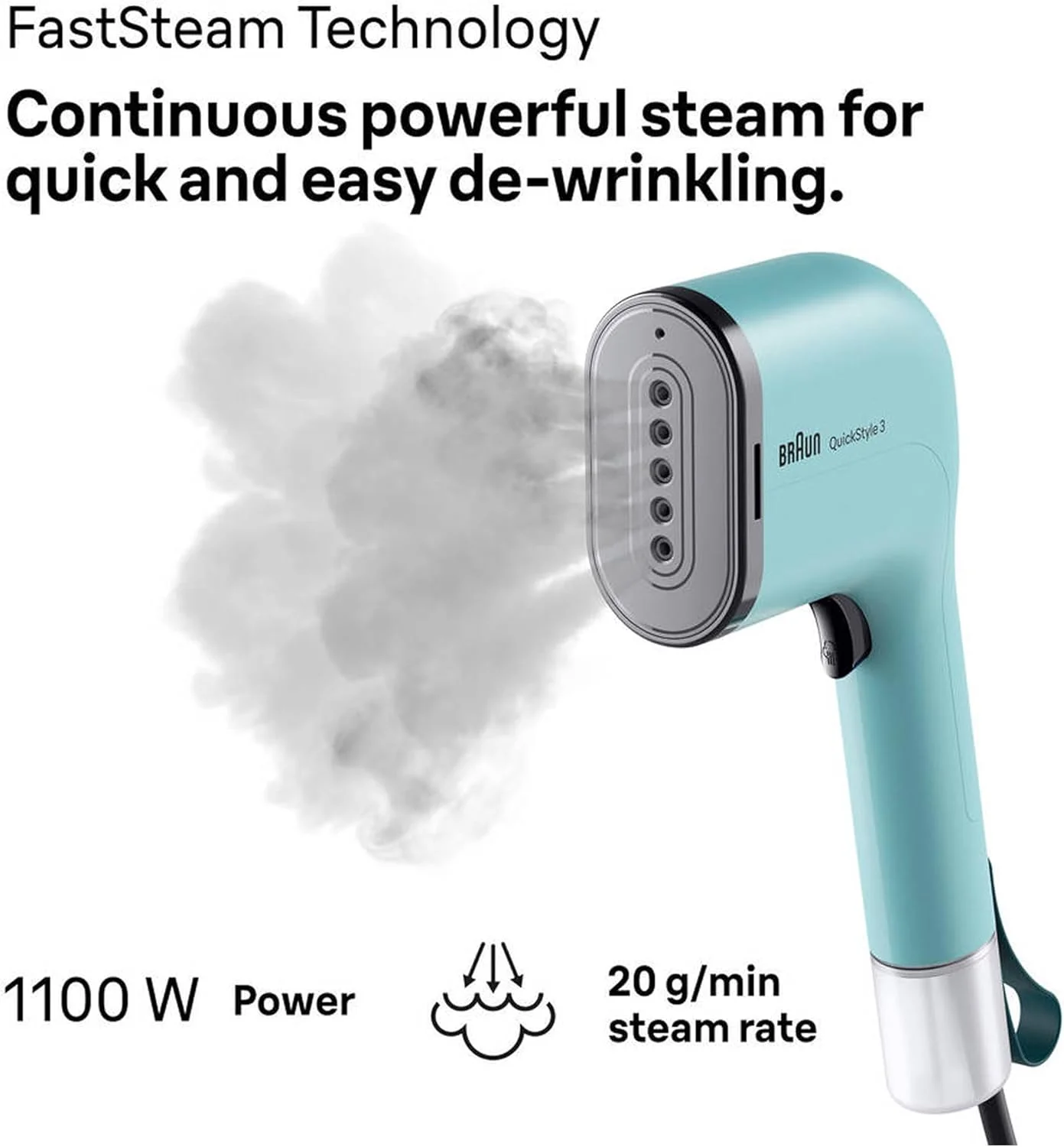 بخارگر لباس براون QuickStyle 3، گرم شدن سریع، فناوری هوشمند iCare، بخارگر دستی لباس، اتو کشی عمودی، ظرفیت 70 میلی لیتر، 1100 وات - GS 3013 GR - سبز