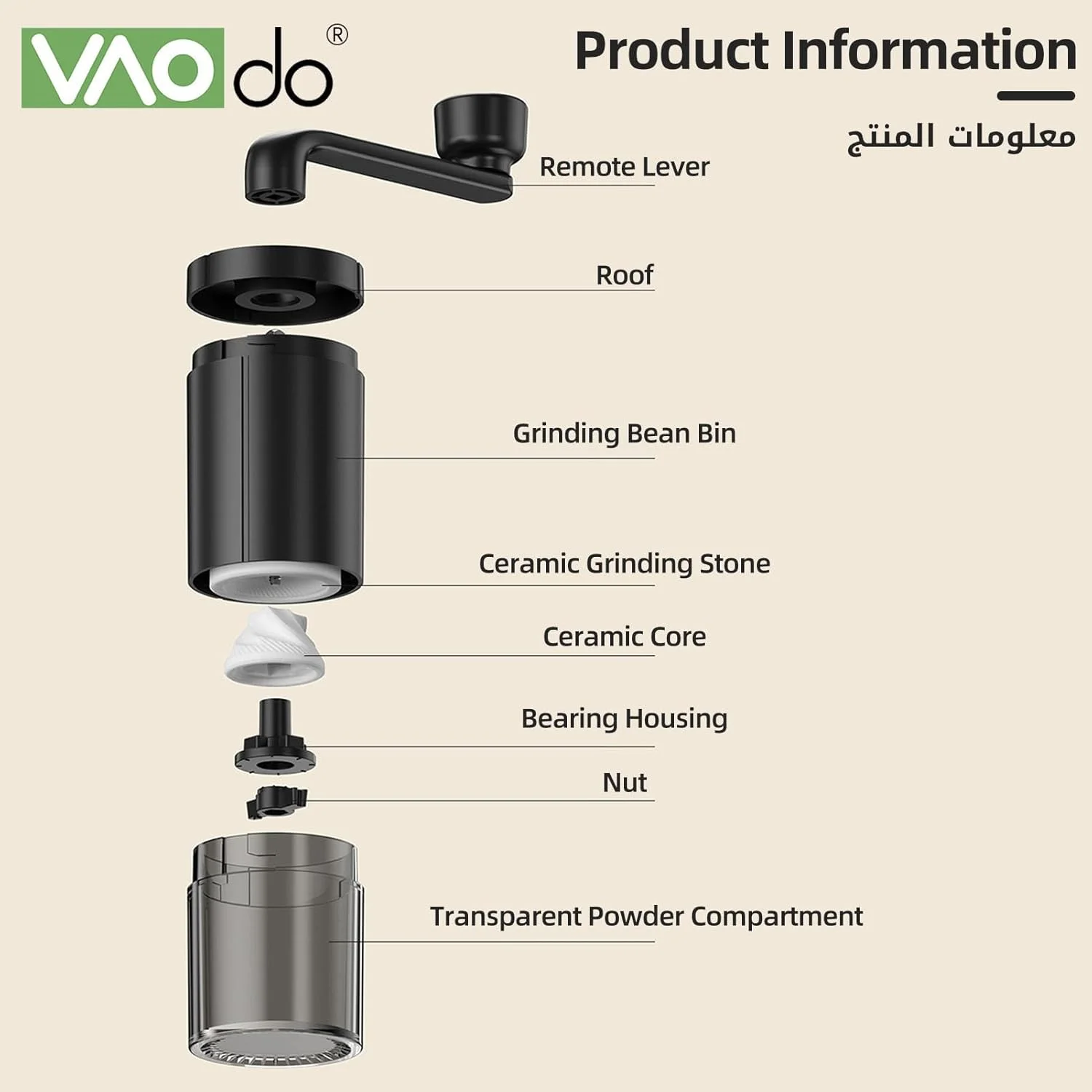 آسیاب قهوه دستی VAODO، آسیاب مسافرتی فشرده و بدون سیم، هسته آسیاب سرامیکی، به همراه برس تمیز کننده و تنظیمات آسیاب چندگانه، مناسب برای کمپینگ، قهوه قطره ای، اسپرسو، دفتر، مسافرت