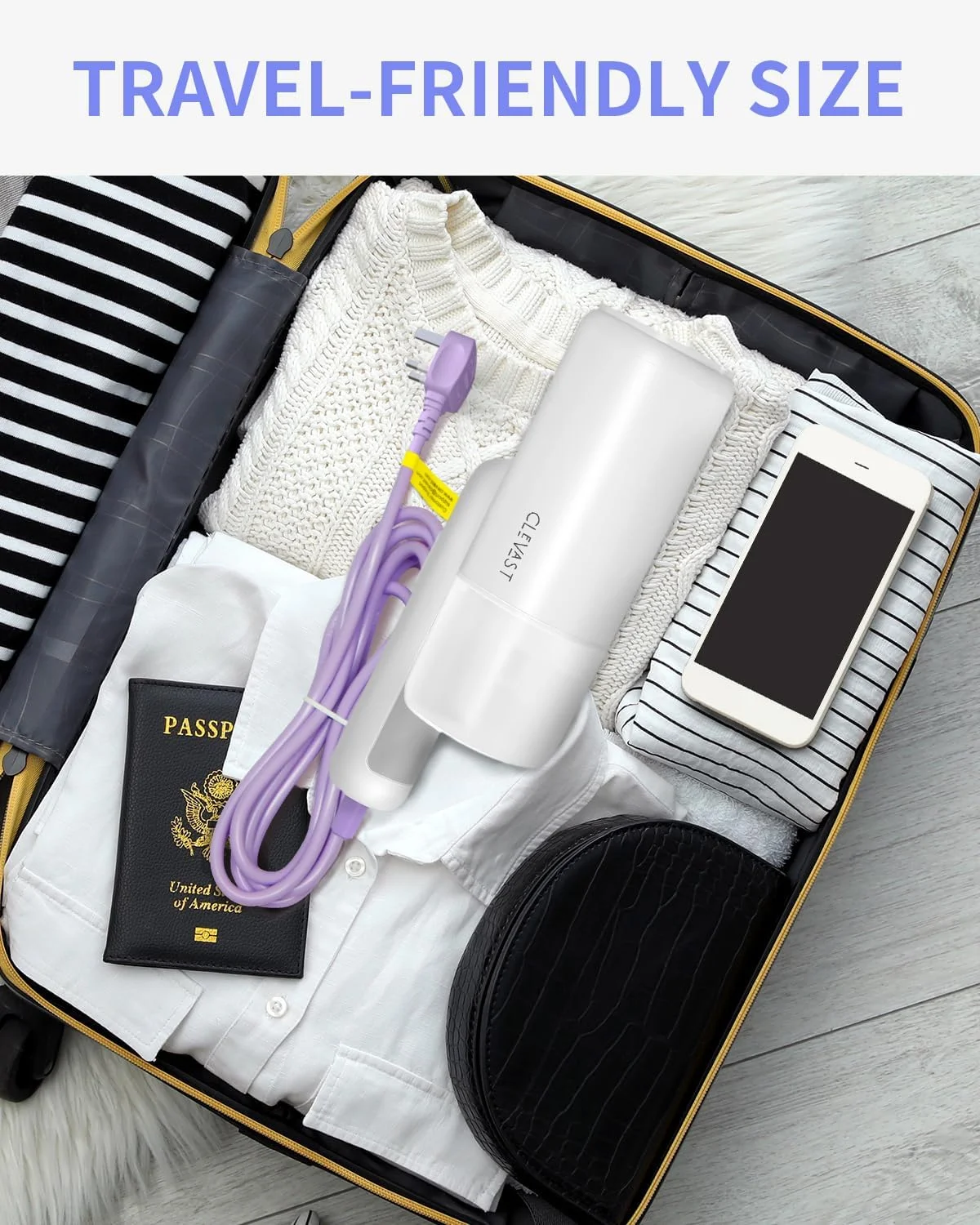 اتو بخار دستی لباس CLEVAST، اتو بخار 1000 وات، تاشو و جمع و جور برای مسافرت، گرم شدن سریع در 30 ثانیه، طراحی ضد نشت، از بین برنده چین و چروک پارچه با صفحه سرامیکی و برس جداشدنی