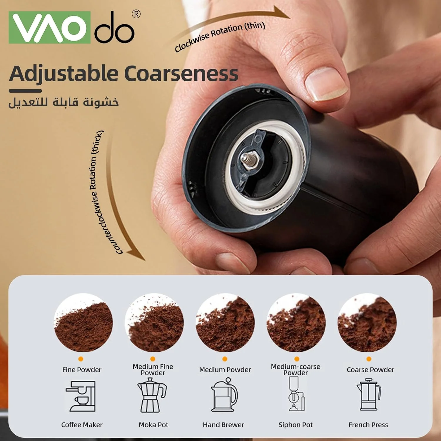 آسیاب قهوه دستی VAODO، آسیاب مسافرتی فشرده و بدون سیم، هسته آسیاب سرامیکی، به همراه برس تمیز کننده و تنظیمات آسیاب چندگانه، مناسب برای کمپینگ، قهوه قطره ای، اسپرسو، دفتر، مسافرت