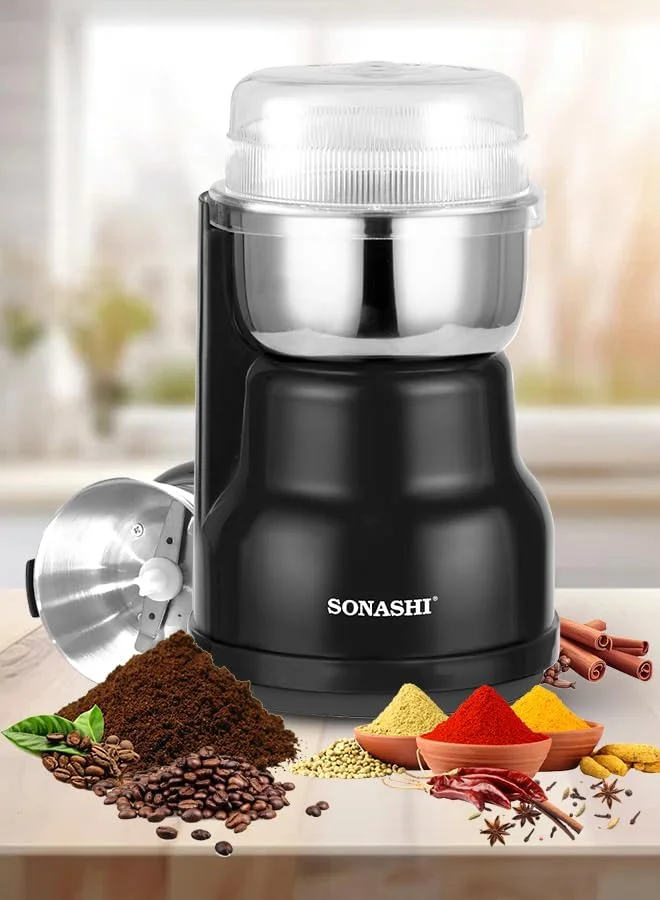 آسیاب قهوه سوناشی با ظرفیت کاسه 220 میلی لیتر، آسیاب قهوه برقی با موتور مسی 250 وات، طراحی کم صدا، آسیاب برای دانه های قهوه و ادویه جات خشک، SCG-4007 مشکی/نقره ای