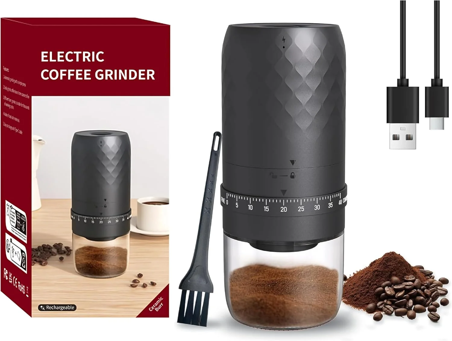 آسیاب قهوه برقی شارژی - 40 حالت قابل تنظیم، آسیاب قابل حمل دانه های قهوه با برس تمیز کننده، طراحی ضد لغزش برای اسپرسو، مسافرت، کمپینگ، خانه و محل کار (بی سیم/بی صدا) آسیاب قهوه برقی شارژی - 40 حالت قابل تنظیم، آسیاب قابل حمل دانه های قهوه با برس تمیز کننده، طراحی ضد لغزش برای اسپرسو، مسافرت، کمپینگ، خانه و محل کار (بی سیم/بی صدا)