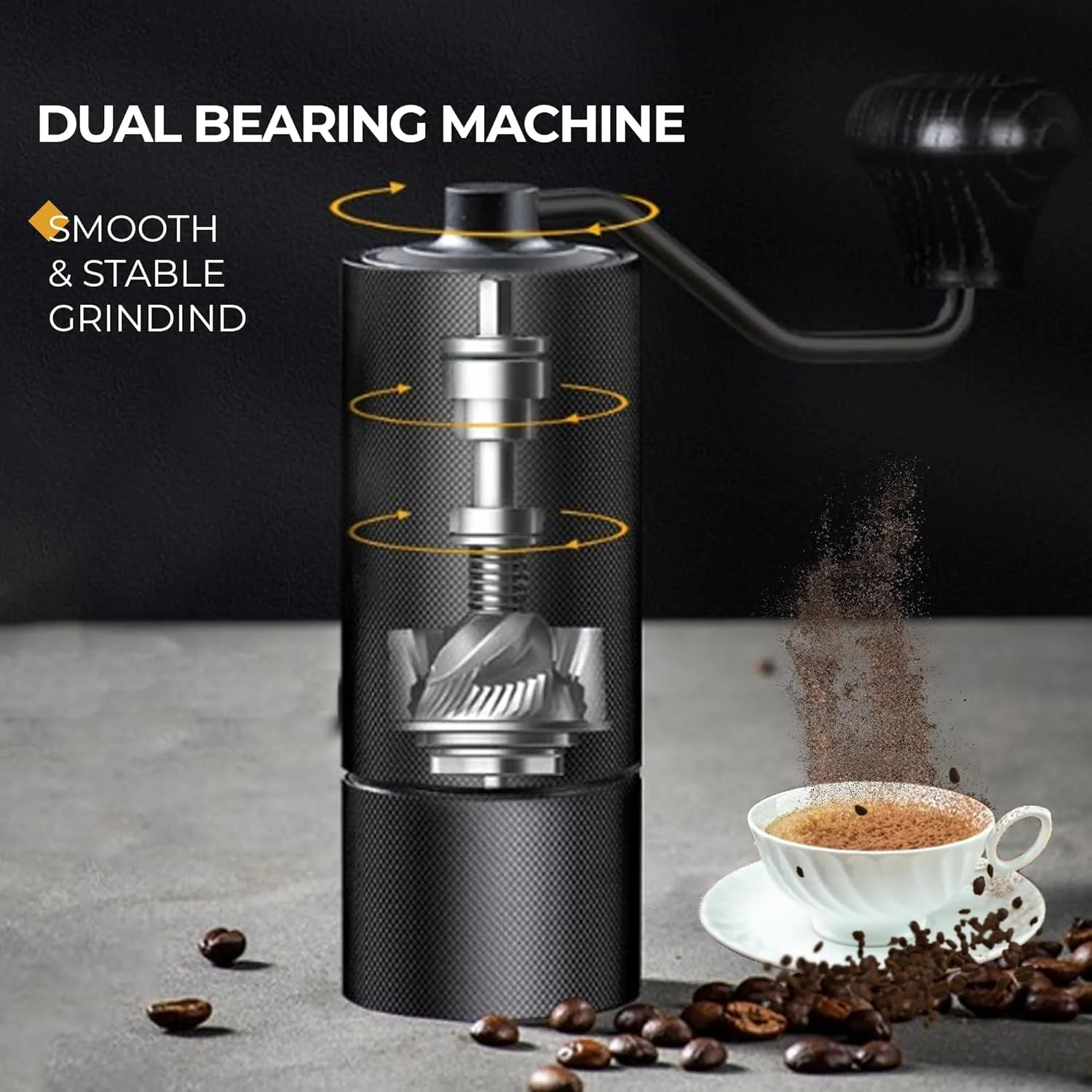 آسیاب قهوه دستی OneLine، آسیاب اسپرسو قابل حمل با دسته استیل ضد زنگ و دو بلبرینگ، تنظیم داخلی قابل تنظیم، مناسب برای هدیه، مسافرت یا کمپینگ (مشکی)