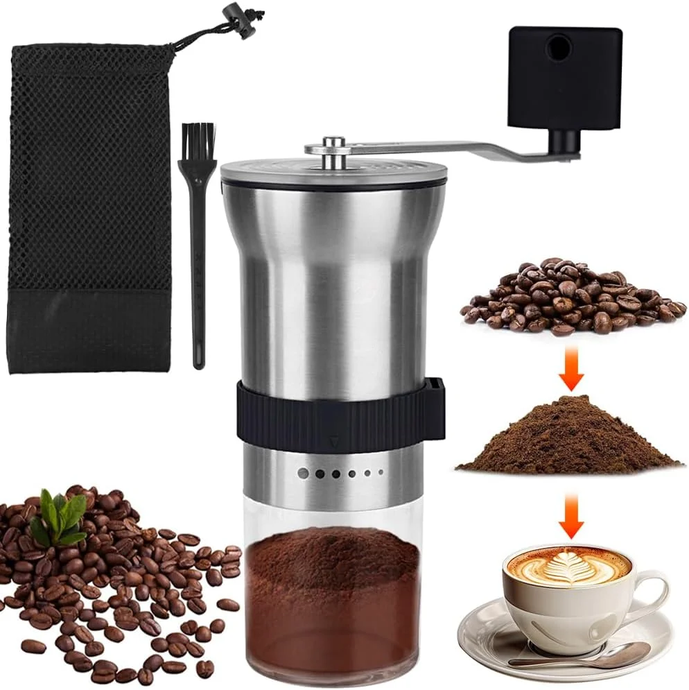 آسیاب قهوه دستی HASTHIP®، آسیاب قهوه قابل حمل، با تیغه مخروطی استیل ضد زنگ CNC و تنظیمات آسیاب قابل تنظیم، آسیاب دانه قهوه، قهوه فرنچ پرس برای آسیاب دستی (25 گرم)