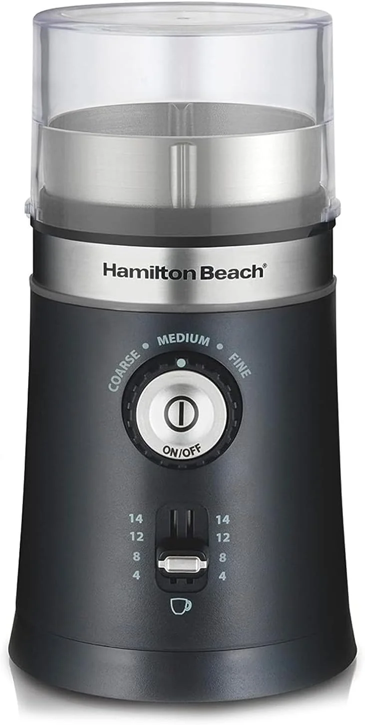 آسیاب قهوه و ادویه همیلتون بیچ کاستوم گریند™، دارای 5 درجه آسیاب از زبر تا نرم، ظرفیت 4 تا 14 فنجان قهوه، کاسه استیل ضد زنگ برای ریختن آسان و تمیز کردن، 80393R-ME