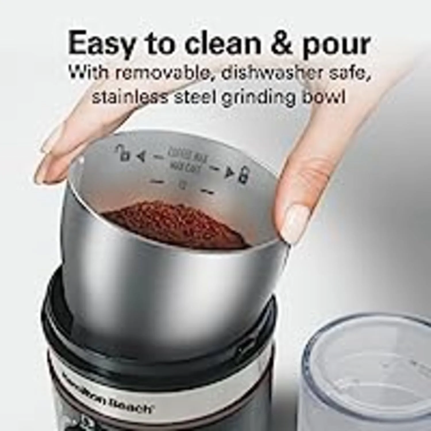 آسیاب قهوه و ادویه همیلتون بیچ کاستوم گریند™، دارای 5 درجه آسیاب از زبر تا نرم، ظرفیت 4 تا 14 فنجان قهوه، کاسه استیل ضد زنگ برای ریختن آسان و تمیز کردن، 80393R-ME