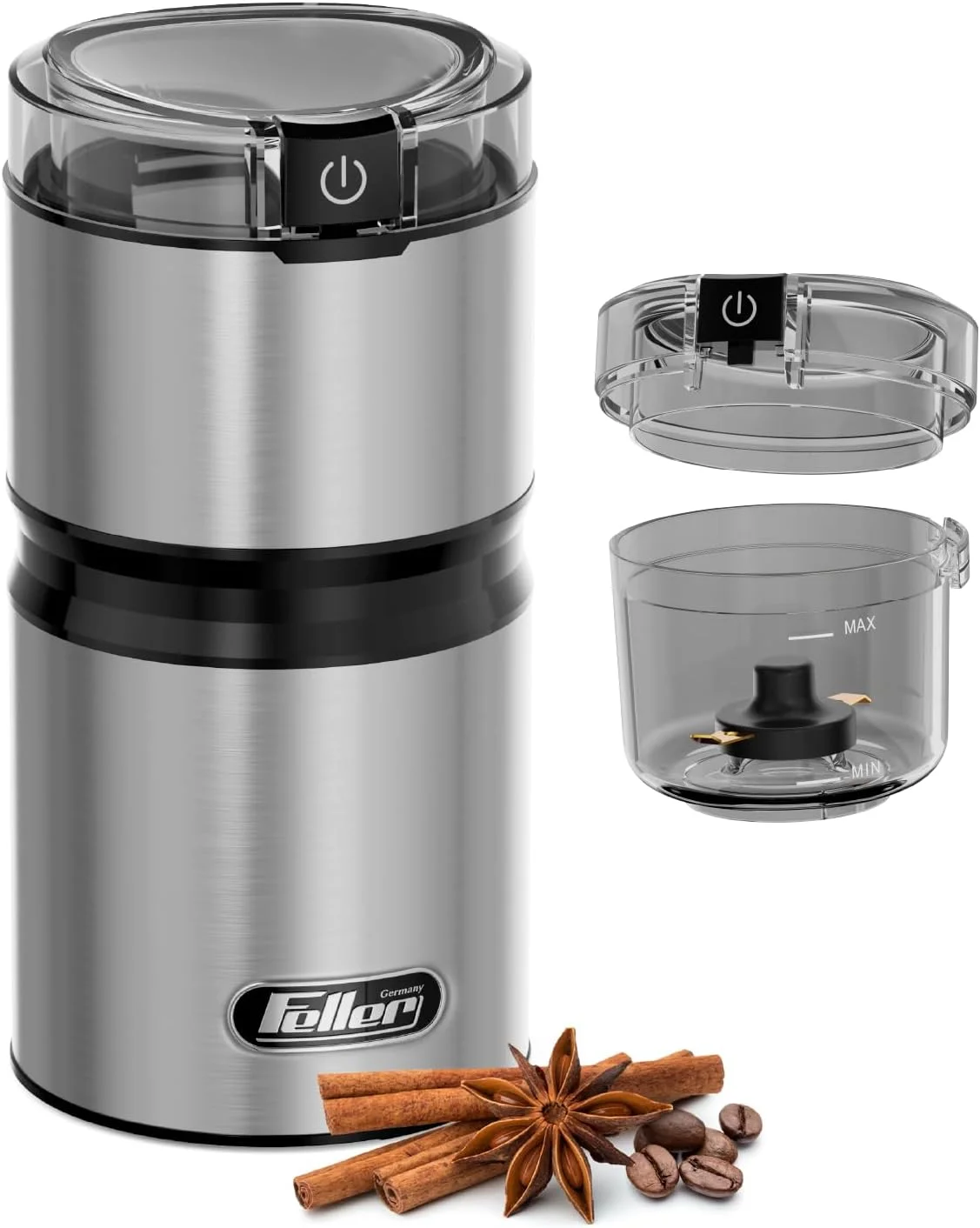 آسیاب قهوه/ادویه برقی فلر آلمان، توان 150 وات، تیغه با روکش تیتانیوم ممتاز، کلید ایمنی، فنجان جداشدنی، بدون BPA، مدل EG151 (استیل ضد زنگ)