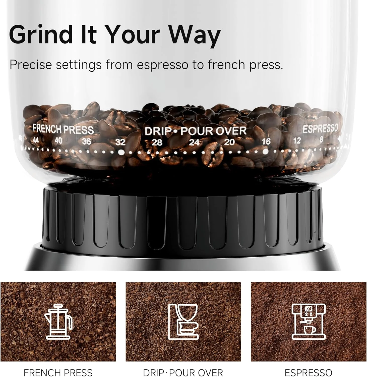 آسیاب دانه قهوه HiBREW G7 با 48 درجه تنظیم دقیق، آسیاب برقی تیغه ای اتوماتیک برای قهوه ترک/اسپرسو/موکا/دریپ/پور اور/فرنچ پرس آسیاب دانه قهوه HiBREW G7 با 48 درجه تنظیم دقیق، آسیاب برقی تیغه ای اتوماتیک برای قهوه ترک/اسپرسو/موکا/دریپ/پور اور/فرنچ پرس