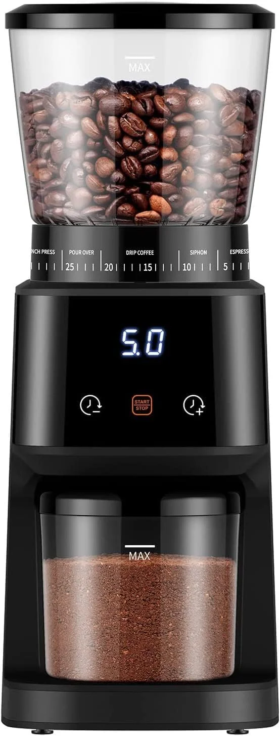 آسیاب قهوه مخروطی با نمایشگر تایمر دیجیتال، آسیاب برقی دانه قهوه با 31 تنظیم دقیق برای اسپرسو/دریپ/پور اور/کلد برو/فرنچ پرس، مشکی مات