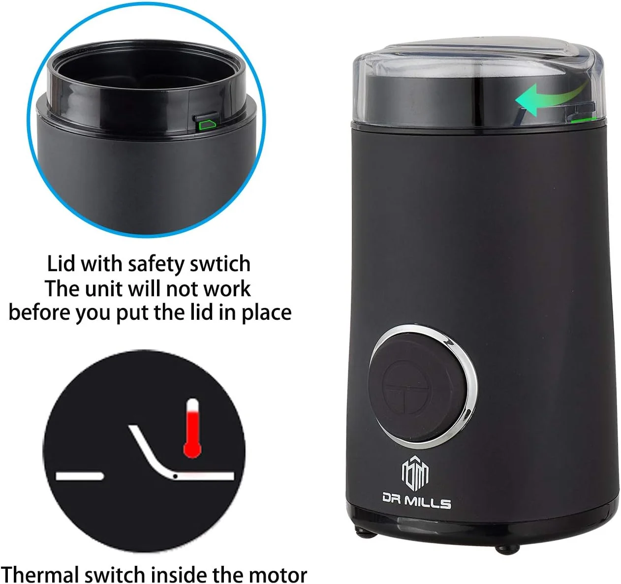 آسیاب برقی قهوه و ادویه خشک DR MILLS DM-7441، تیغه و کاسه ساخته شده از فولاد ضد زنگ SUS304 آسیاب برقی قهوه و ادویه خشک DR MILLS DM-7441، تیغه و کاسه ساخته شده از فولاد ضد زنگ SUS304