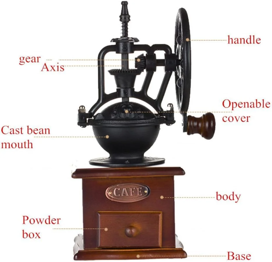 آسیاب قهوه دستی، آسیاب قهوه با اهرم دستی چدنی عتیقه با تنظیمات آسیاب و کشوی جمع آوری آسیاب قهوه دستی، آسیاب قهوه با اهرم دستی چدنی عتیقه با تنظیمات آسیاب و کشوی جمع آوری