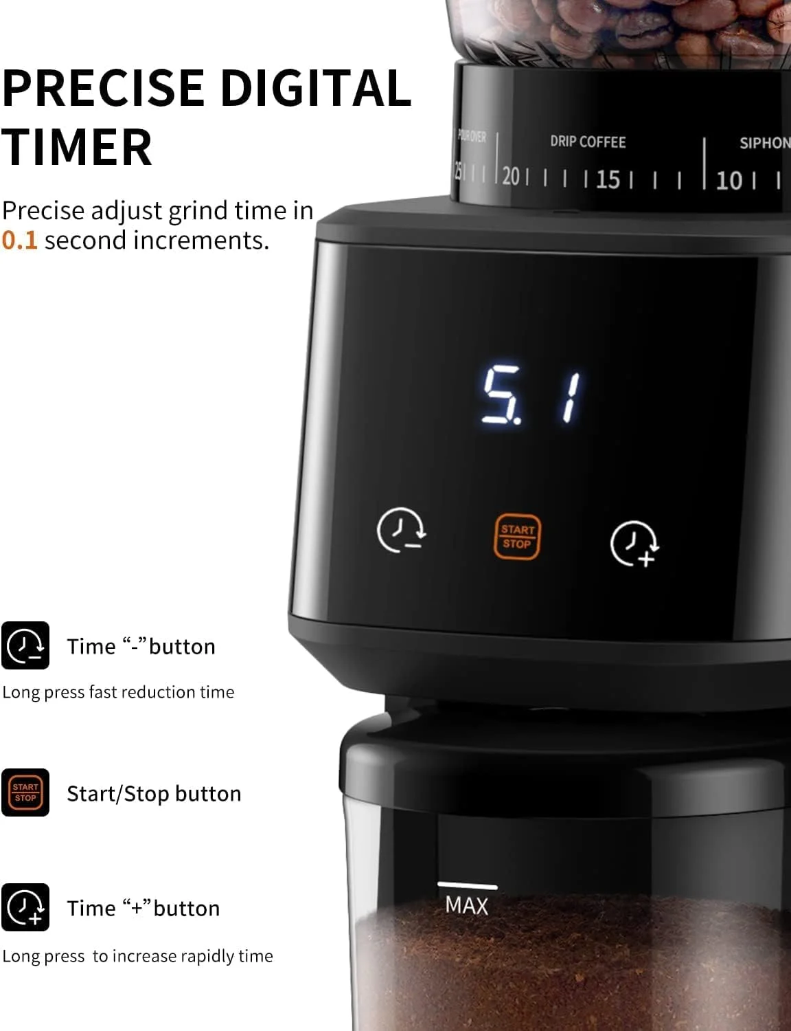 آسیاب قهوه مخروطی با نمایشگر تایمر دیجیتال، آسیاب برقی دانه قهوه با 31 تنظیم دقیق برای اسپرسو/دریپ/پور اور/کلد برو/فرنچ پرس، مشکی مات آسیاب قهوه مخروطی با نمایشگر تایمر دیجیتال، آسیاب برقی دانه قهوه با 31 تنظیم دقیق برای اسپرسو/دریپ/پور اور/کلد برو/فرنچ پرس، مشکی مات