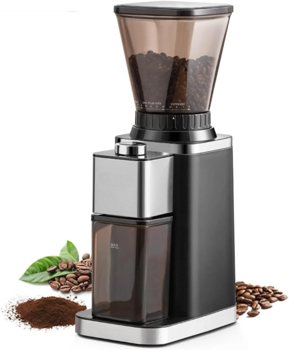 آسیاب قهوه برقی مخروطی - 48 درجه آسیاب دقیق برای اسپرسو، فرنچ پرس و استفاده خانگی - استیل ضد زنگ، ضد الکتریسیته ساکن، تمیز کردن آسان