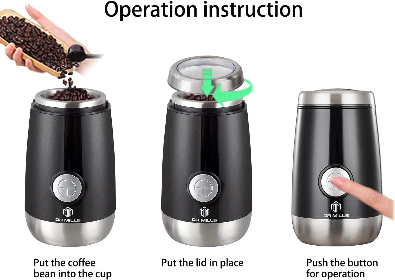 آسیاب قهوه DR MILLS DM-7445، آسیاب برقی دانه های قهوه و ادویه جات خشک، عملکرد تک لمسی، تیغه و فنجان ساخته شده از فولاد ضد زنگ SUS304 آسیاب قهوه DR MILLS DM-7445، آسیاب برقی دانه های قهوه و ادویه جات خشک، عملکرد تک لمسی، تیغه و فنجان ساخته شده از فولاد ضد زنگ SUS304