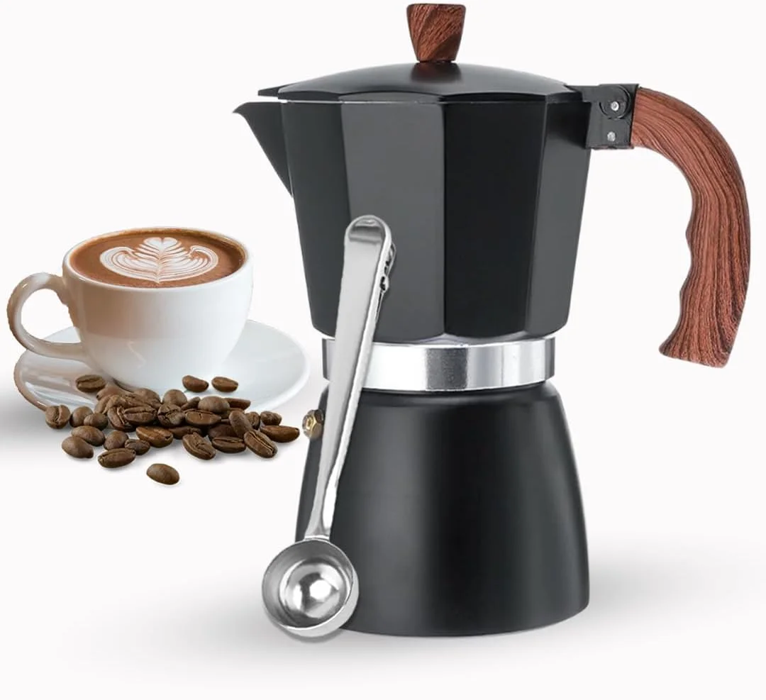 موکا پات 6 فنجانی، اسپرسو ساز روگازی، موکا پات آلومینیومی برای اسپرسو کلاسیک، قهوه ساز دستی ایتالیایی برای خانه و کمپینگ، کاربری آسان و تمیز کردن سریع به همراه قاشق گیره دار قهوه (مشکی)