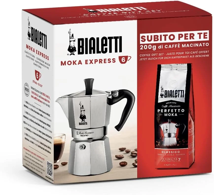 موکاپات بیالتی Moka Express برای 6 فنجان به همراه 250 گرم قهوه مخصوص موکا غیر القایی 6 فنجان (250 میلی لیتر) آلومینیومی