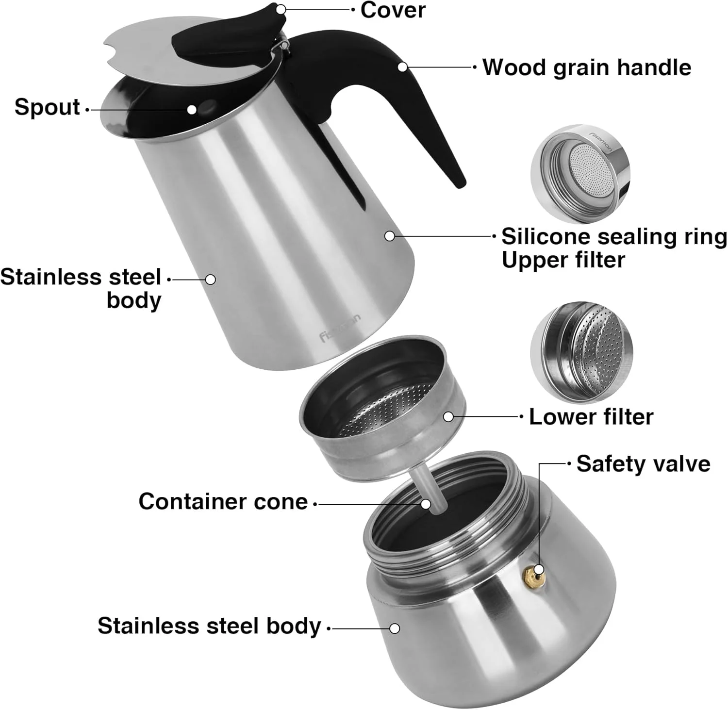 قهوه ساز موکاپات فیسمن 450 میلی لیتر، اسپرسو ساز روگازی برای 9 فنجان | اسپرسو ساز استیل موکا روگازی | کف القایی سازگار با تمام اجاق گازها