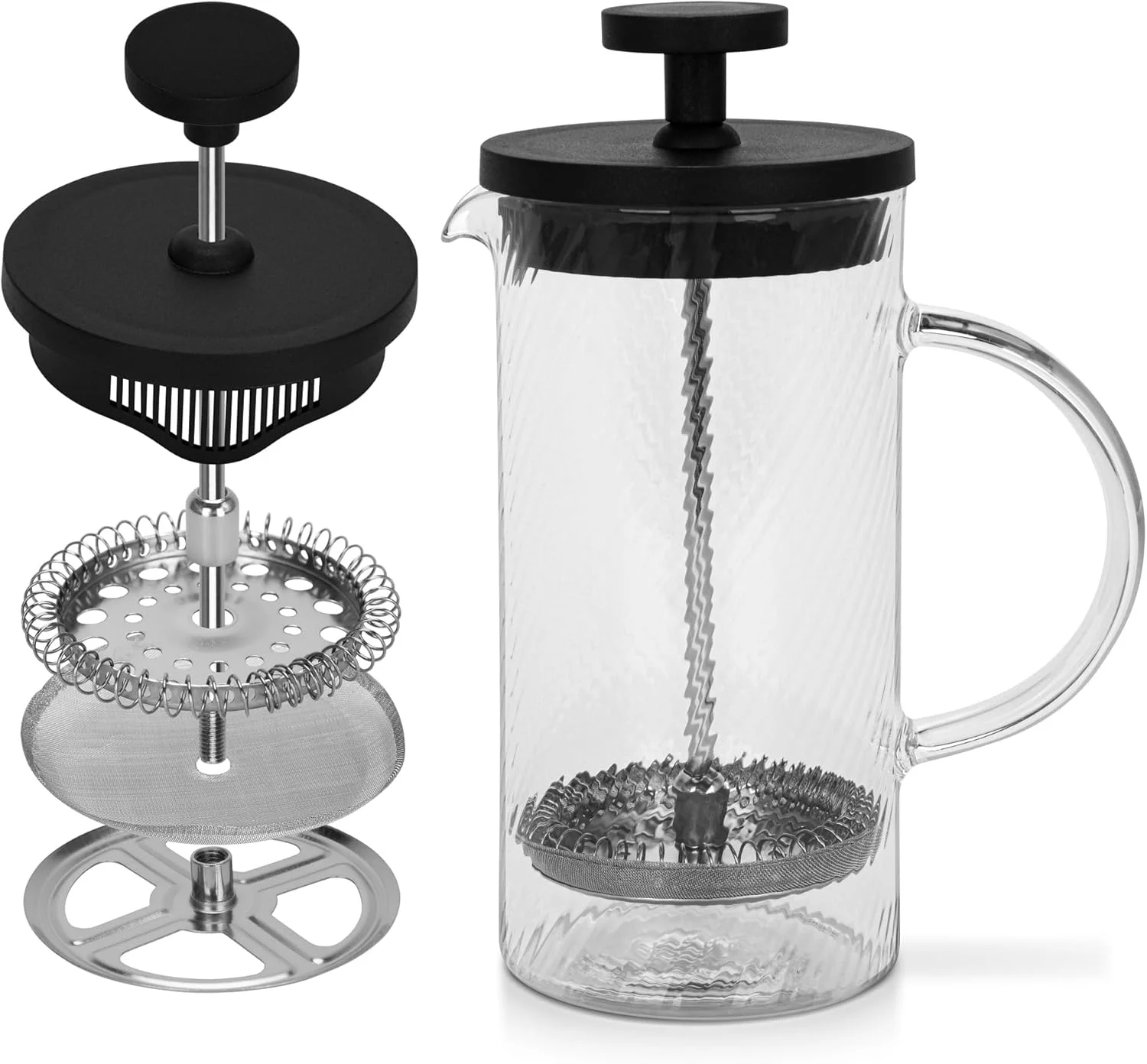 فرنچ پرس قهوه و چای فیسمن 350 میلی لیتر، شیشه بوروسیلیکات ضخیم مقاوم در برابر حرارت، پرس قهوه و چای استیل ضد زنگ | فرنچ پرس قهوه دم کرده گرم و سرد | طراحی شیشه برجسته