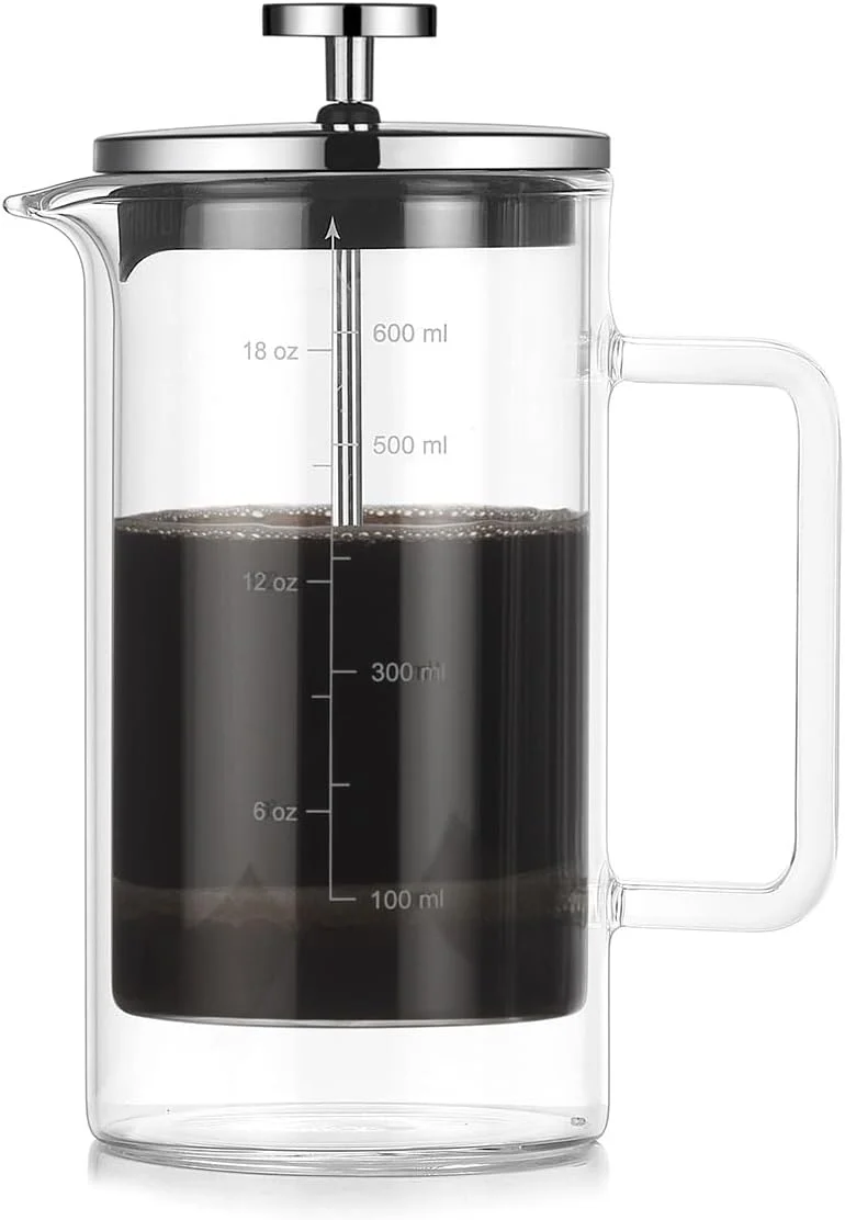 قهوه ساز شیشه ای دو جداره ارکیده 600 میلی لیتر، قهوه ساز فرنچ پرس، دسته شیشه ای و پایه سیلیکونی ضد لغزش، قوری شیشه ای مقاوم در برابر حرارت، پارچ قهوه با مقیاس