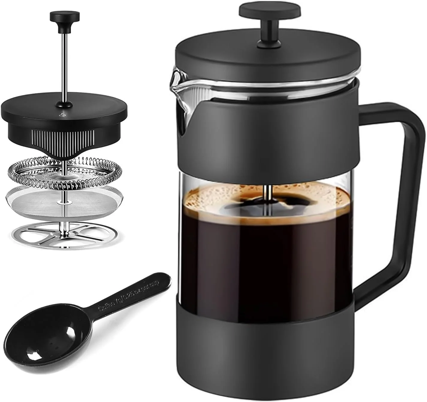 قهوه ساز و چای ساز فرنچ پرس 1000 میلی لیتری، پرس قهوه شیشه ای بوروسیلیکات ضخیم شده با صفحه های فیلتر و قاشق اندازه گیری، ضد زنگ و قابل شستشو در ماشین ظرفشویی، 100٪ فاقد BPA