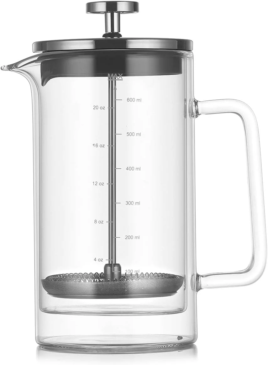 قهوه ساز شیشه ای دو جداره ارکیده 600 میلی لیتر، قهوه ساز فرنچ پرس، دسته شیشه ای و پایه سیلیکونی ضد لغزش، قوری شیشه ای مقاوم در برابر حرارت، پارچ قهوه با مقیاس