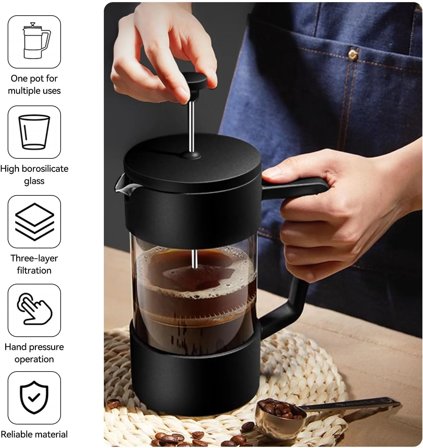 قهوه ساز و چای ساز فرنچ پرس 1000 میلی لیتری، پرس قهوه شیشه ای بوروسیلیکات ضخیم شده با صفحه های فیلتر و قاشق اندازه گیری، ضد زنگ و قابل شستشو در ماشین ظرفشویی، 100٪ فاقد BPA