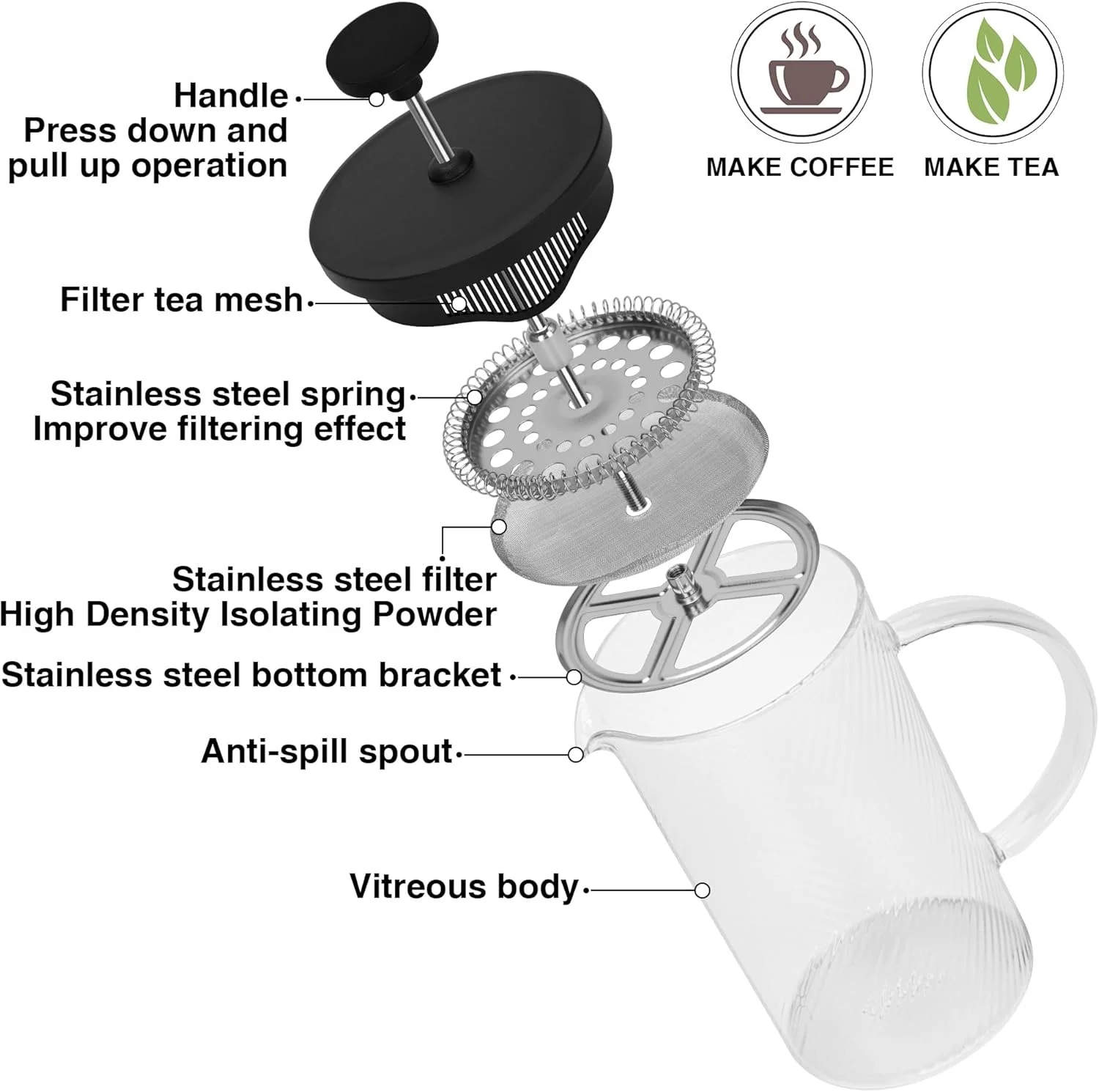 فرنچ پرس قهوه و چای فیسمن 350 میلی لیتر، شیشه بوروسیلیکات ضخیم مقاوم در برابر حرارت، پرس قهوه و چای استیل ضد زنگ | فرنچ پرس قهوه دم کرده گرم و سرد | طراحی شیشه برجسته