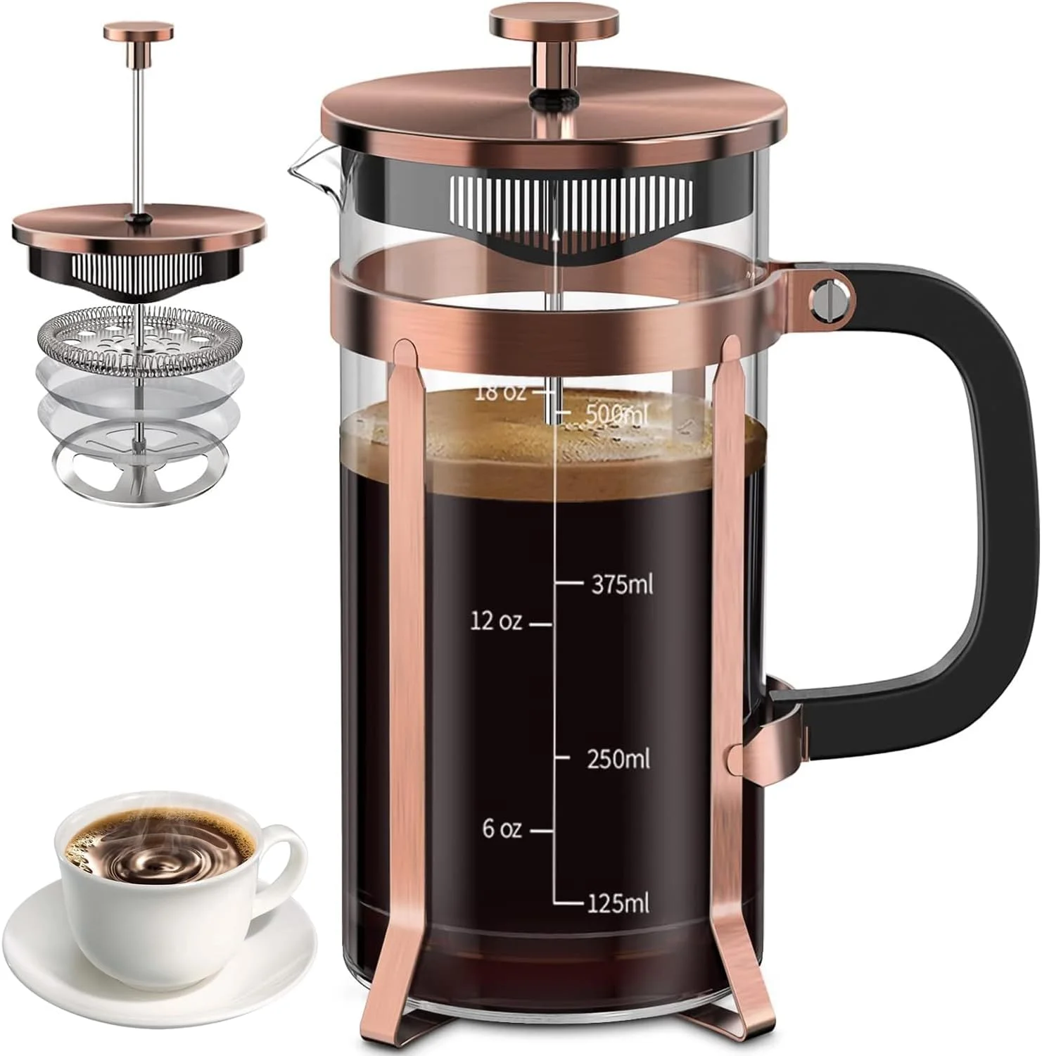 قهوه ساز Funito فرنچ پرس استیل ضد زنگ 304، مقاوم در برابر حرارت، بادوام، تمیز کردن آسان، پرس قهوه شیشه ای بوروسیلیکات، قوری بدون BPA، 600 میلی لیتر، مسی