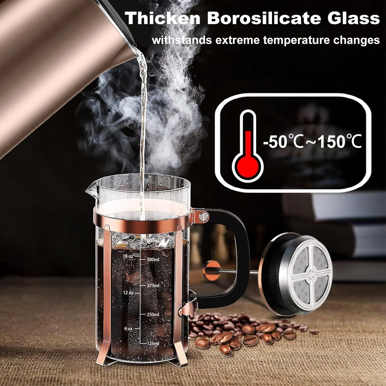 قهوه ساز Funito فرنچ پرس استیل ضد زنگ 304، مقاوم در برابر حرارت، بادوام، تمیز کردن آسان، پرس قهوه شیشه ای بوروسیلیکات، قوری بدون BPA، 600 میلی لیتر، مسی