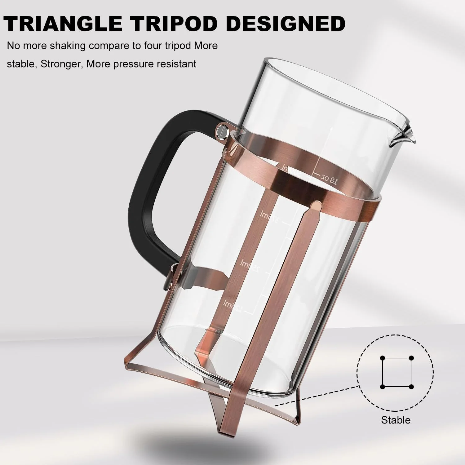 قهوه ساز Funito فرنچ پرس استیل ضد زنگ 304، مقاوم در برابر حرارت، بادوام، تمیز کردن آسان، پرس قهوه شیشه ای بوروسیلیکات، قوری بدون BPA، 600 میلی لیتر، مسی