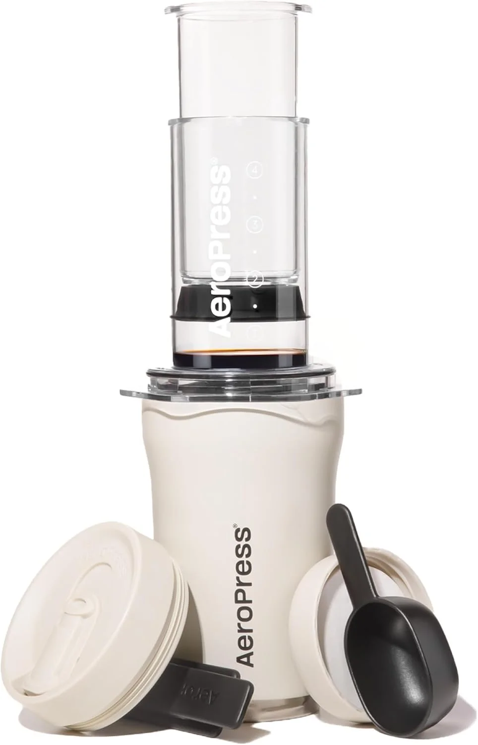 AeroPress Go Plus، قهوه ساز کوچک و قابل حمل برای مسافرت و کمپینگ - روش دم آوری 3 در 1 ترکیبی از فرنچ پرس، پوراور، اسپرسو، قهوه ای با بدنه کامل بدون تلخی، کیت پرس قهوه - کرم