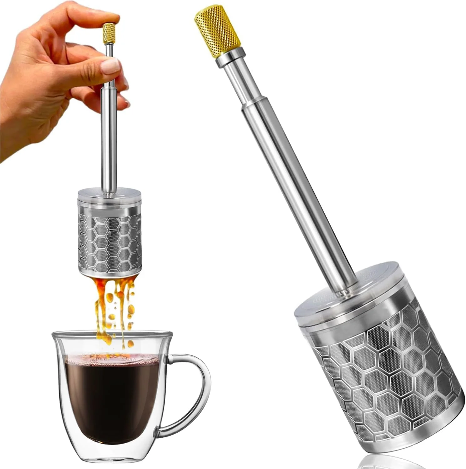 دستگاه قهوه ساز قابل حمل Angju - چای ساز و قهوه ساز استیل ضد زنگ با فیلتر قابل استفاده مجدد، پیستون دم آور برای خانه و مسافرت