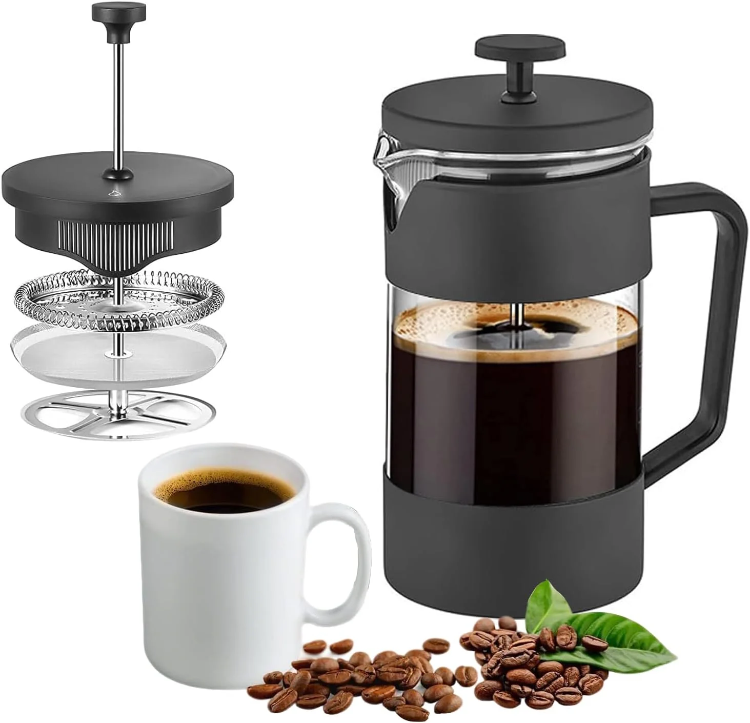 قهوه ساز و چای ساز فرنچ پرس آنتول 600 میلی لیتر، پرس شیشه ای بوروسیلیکات ضخیم شده با فیلتر، چای ساز، پرس قهوه مسافرتی، قوری کافیترا قابل حمل دم سرد، مشکی